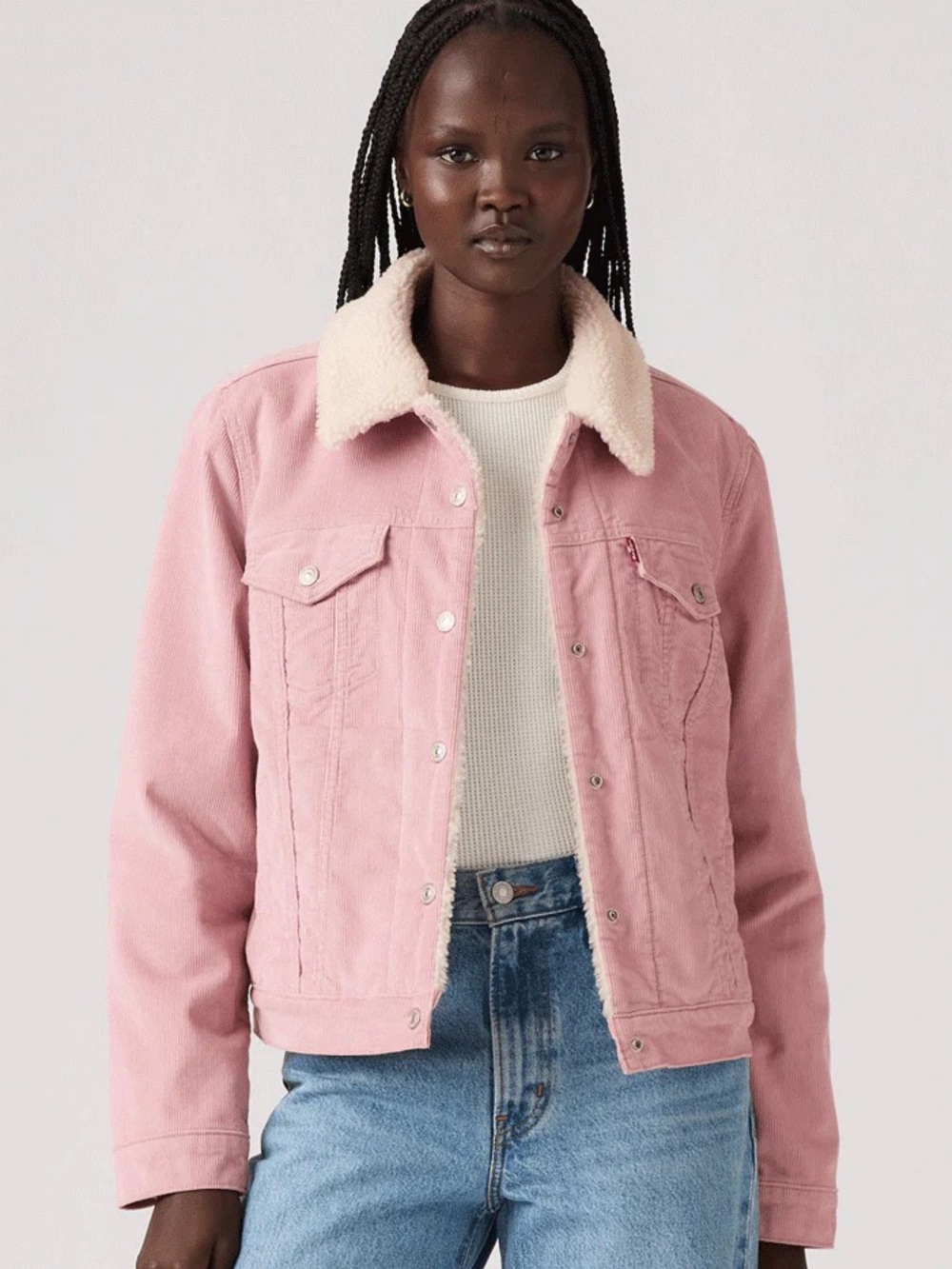 Francesca’s Women's Pink Corduroy Sherpa-Lined Trucker Jacket